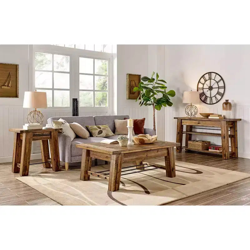 Industrial Wood Coffee Table Dark Brown: Rustic Acacia & Steel, Fixed Shelf