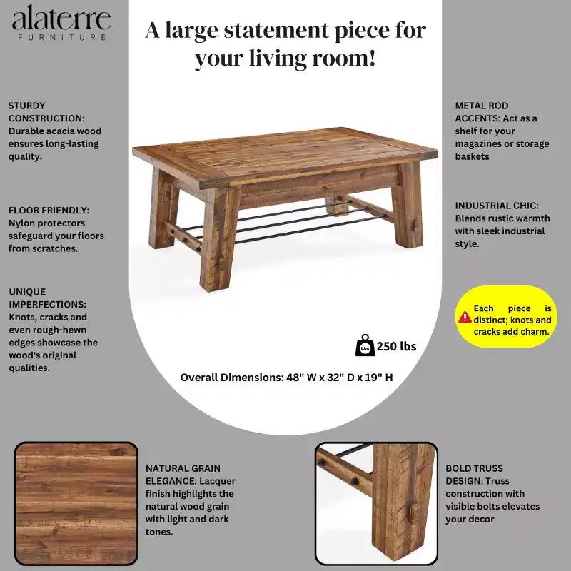 Industrial Wood Coffee Table Dark Brown: Rustic Acacia & Steel, Fixed Shelf