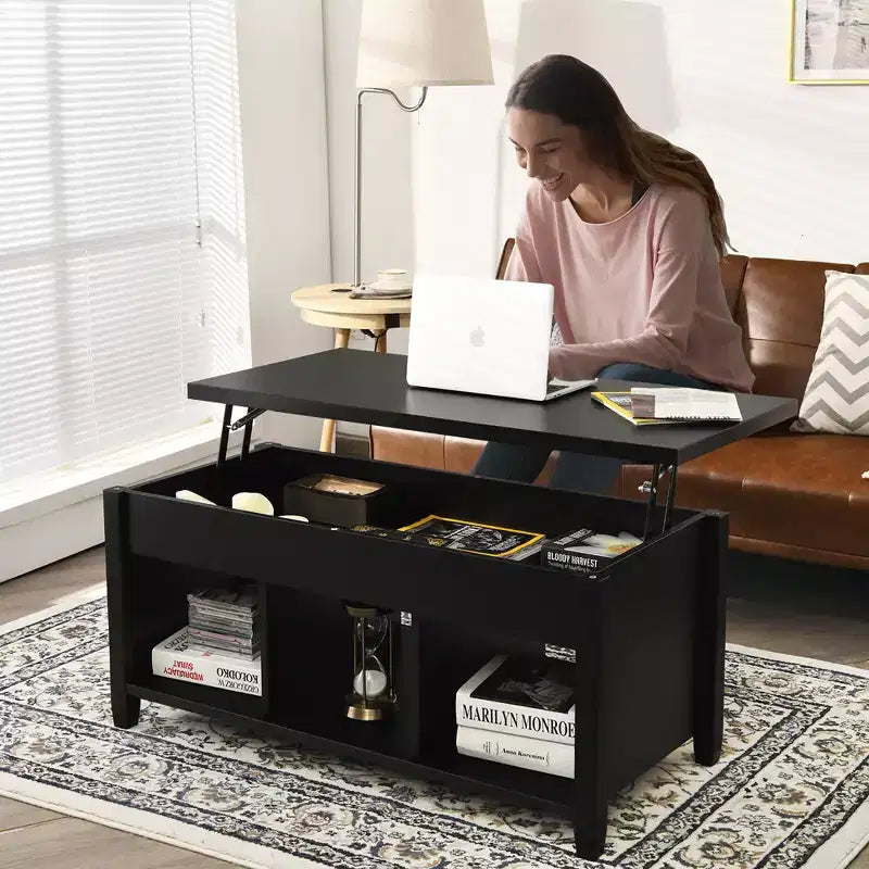 Lift Top Coffee Table w/ Hidden Compartment and Storage Shelves Black