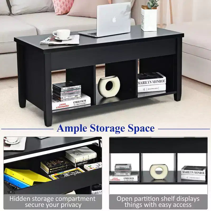 Lift Top Coffee Table w/ Hidden Compartment and Storage Shelves Black
