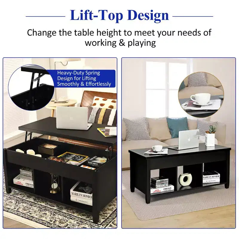 Lift Top Coffee Table w/ Hidden Compartment and Storage Shelves Black
