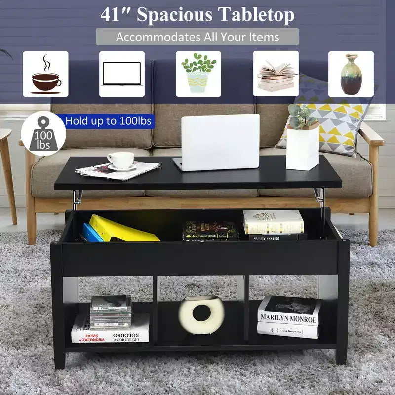 Lift Top Coffee Table w/ Hidden Compartment and Storage Shelves Black