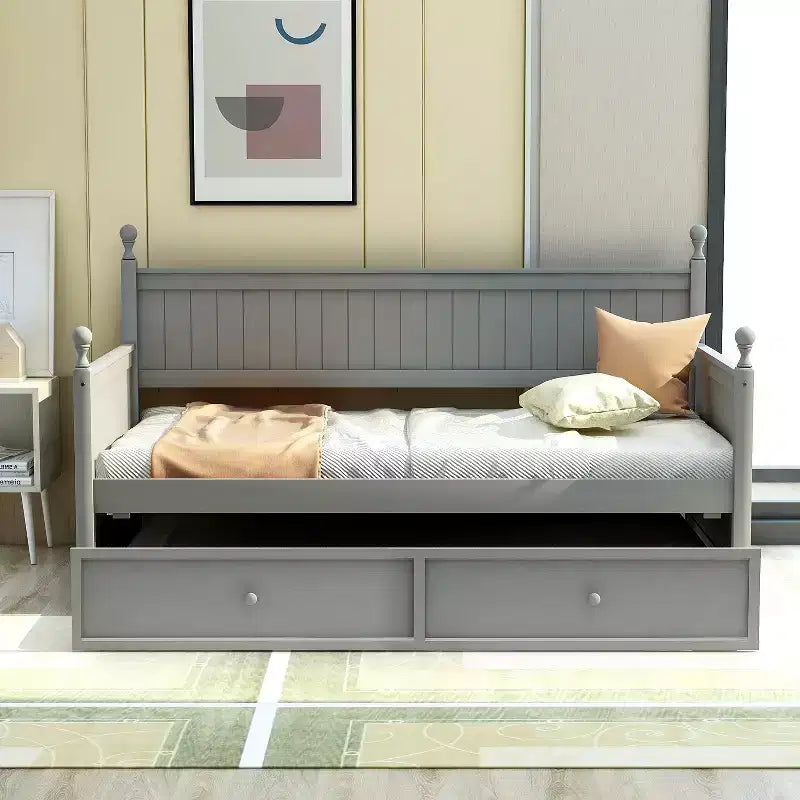 Twin Size Wood Daybed with Trundle Bed